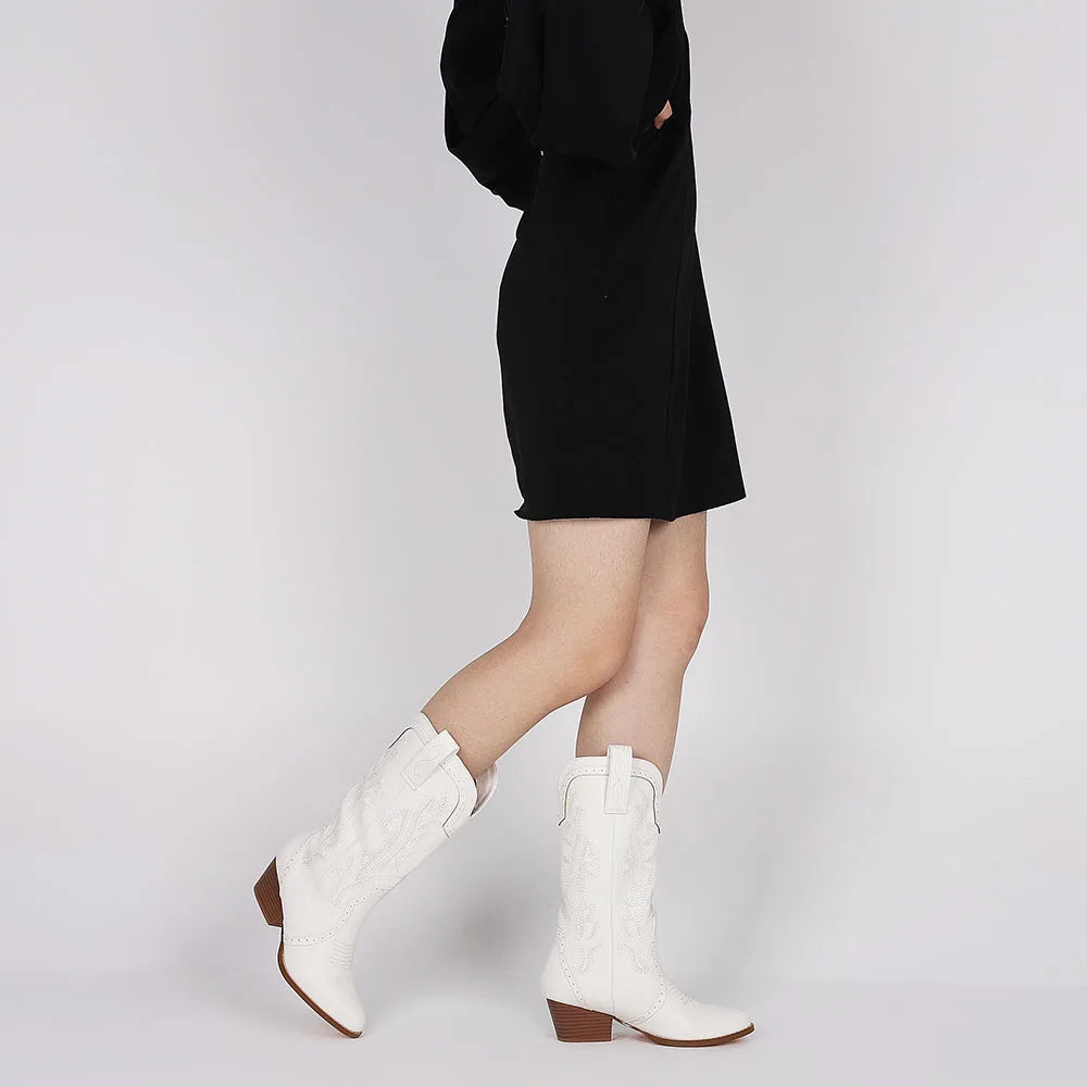 Mid Calf Western White Boots