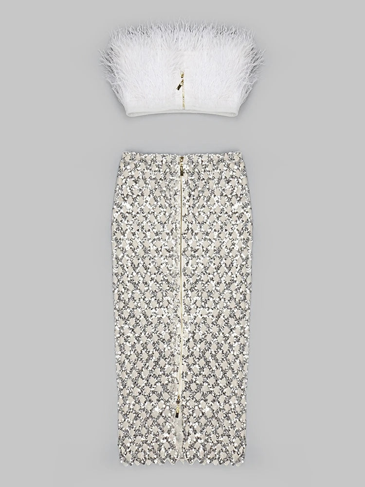 Back Strapless Feathered Top Sequined Skirt