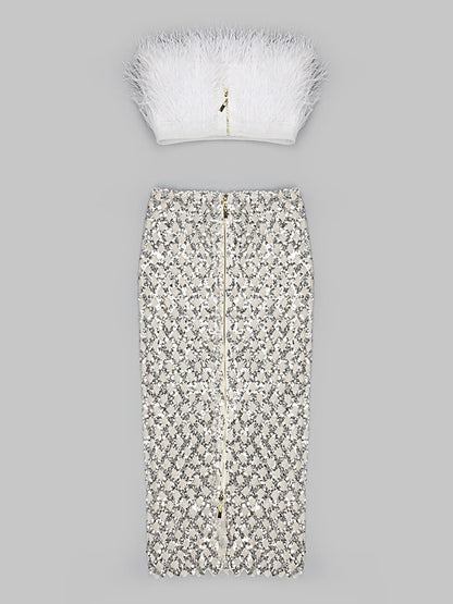 Back Strapless Feathered Top Sequined Skirt