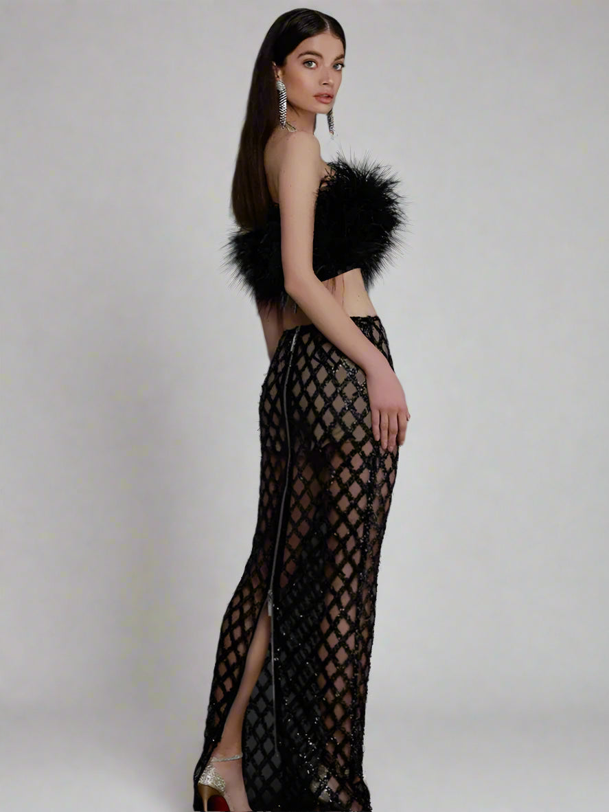 Back side of sequined skirt feathered top