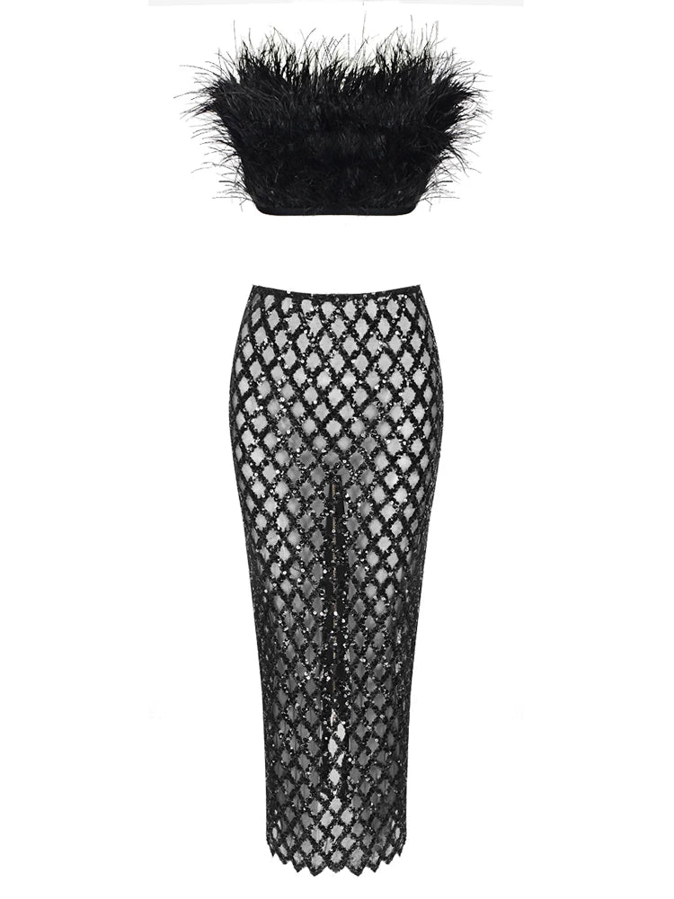 Black Feathered Sequined Outfit Set