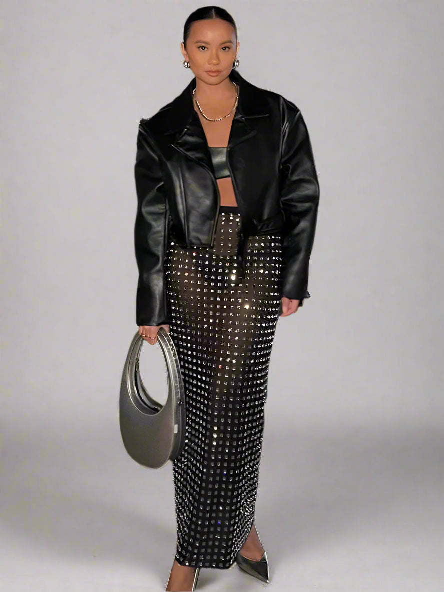 Black Midi Diamond Skirt for Women