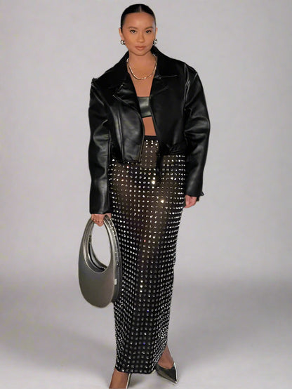 Black Midi Diamond Skirt for Women