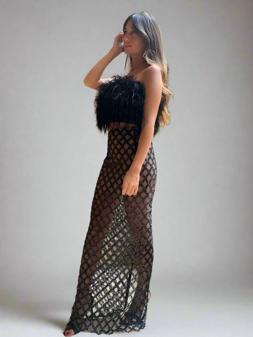 Black Strapless Feathered Top Sequin Skirt