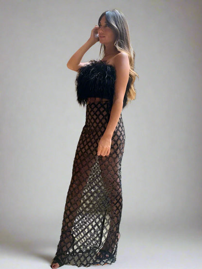 Black Strapless Feathered Top Sequin Skirt