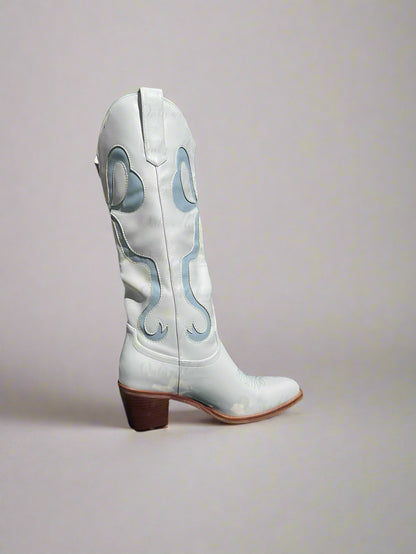 Blue Bow Inlay White Knee High Boots