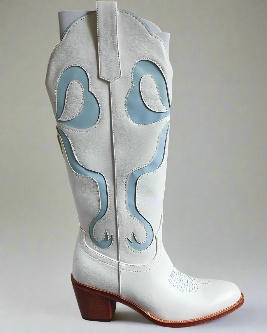 Blue Bow Inlay on White Square Heel Boots