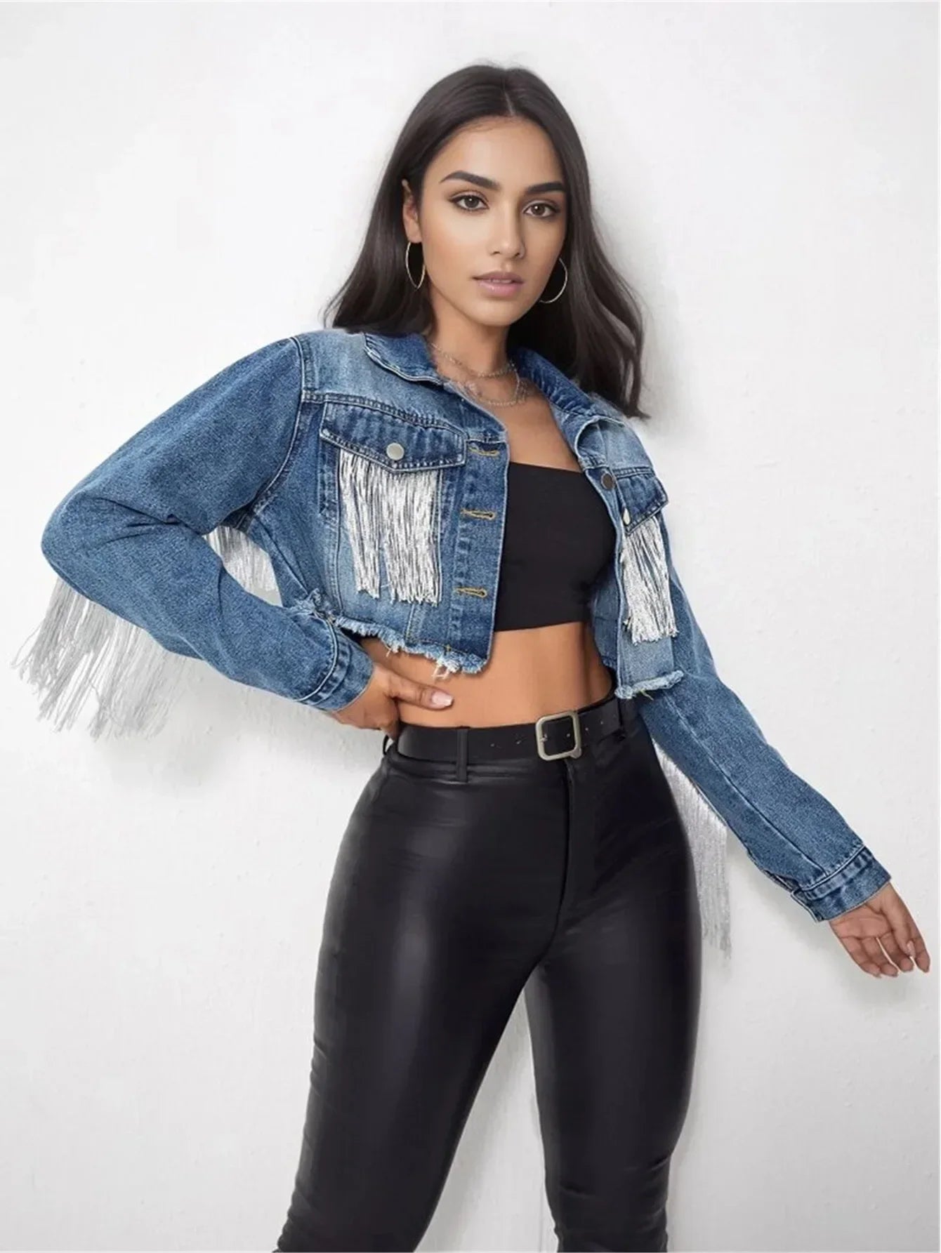 Cropped Denim Tassel Blue Jacket
