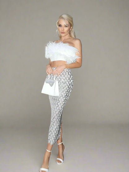 Feather Sequin Two Piece set in white