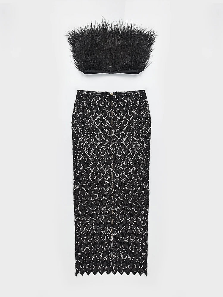 Feathered Black Top Sequined Skirt Set