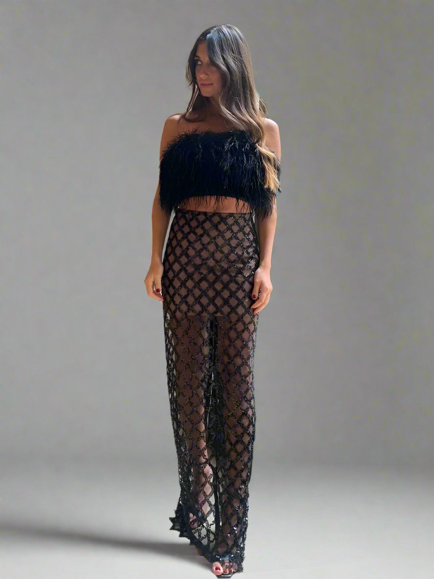 Feathered Sequined Outfit Set For Women
