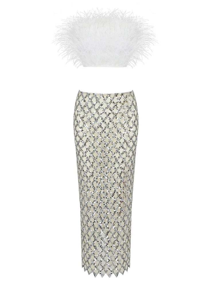 Feathered Strapless Top Sequin Mid Calf Skirt