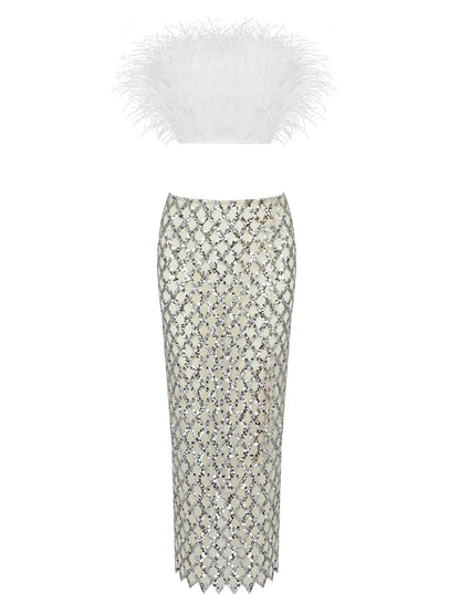 Feathered Strapless Top Sequin Mid Calf Skirt