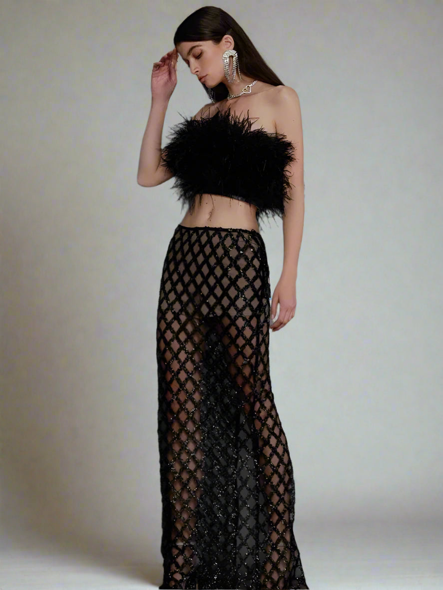 Feathered Top Sequined Pants Set