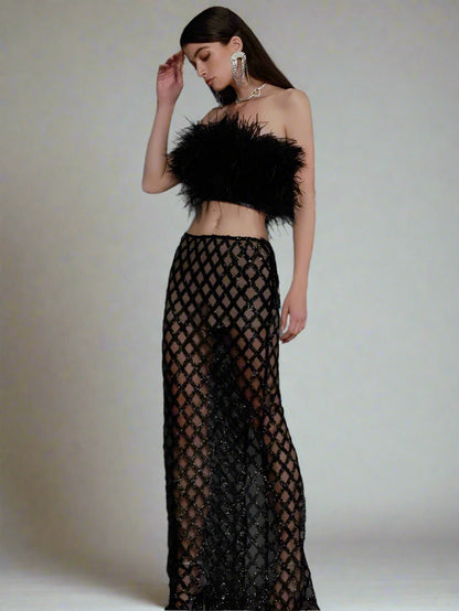 Feathered Top Sequined Pants Set
