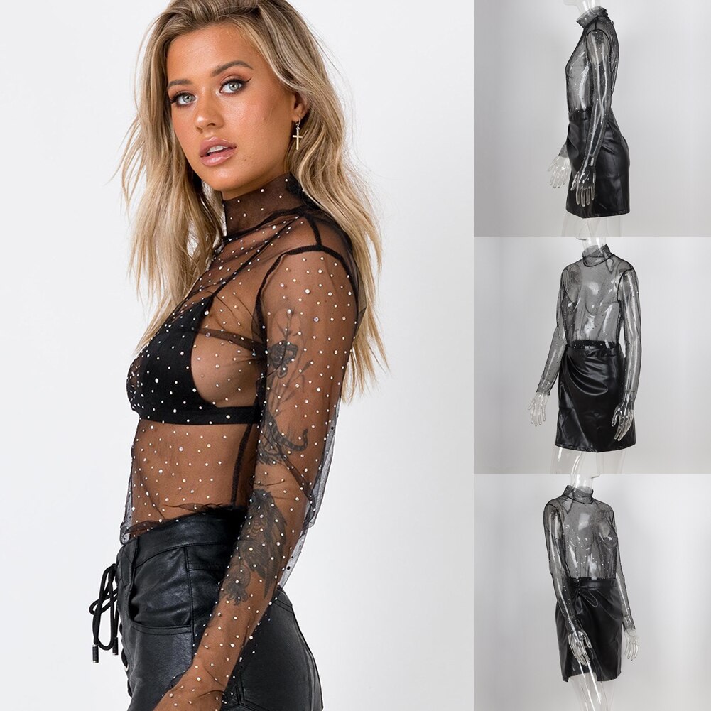 Dreamofthe90s See-through Sequins Long Sleeve Shirt