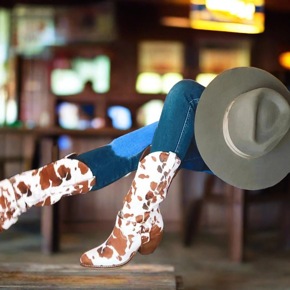 Brown Cow Print Mid Calf Boots