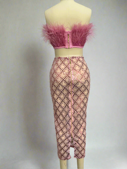 Pink Feather Sequin Outfit Set Back