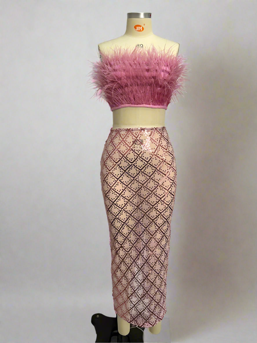 Pink Feathered Sequin Outfit Set