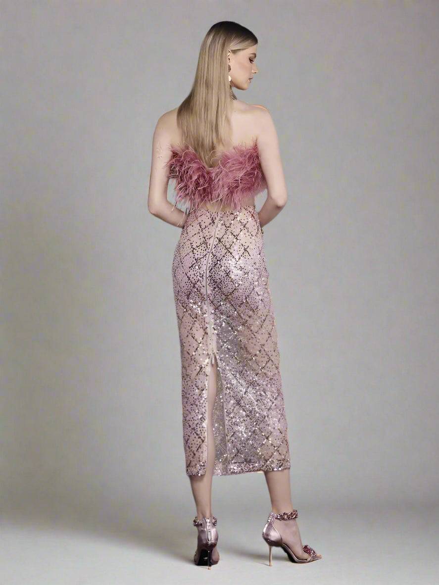 Pink Feathered Sequined Outfit Set