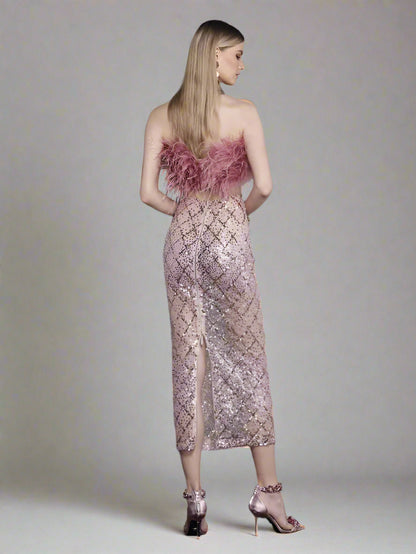 Pink Feathered Sequined Outfit Set