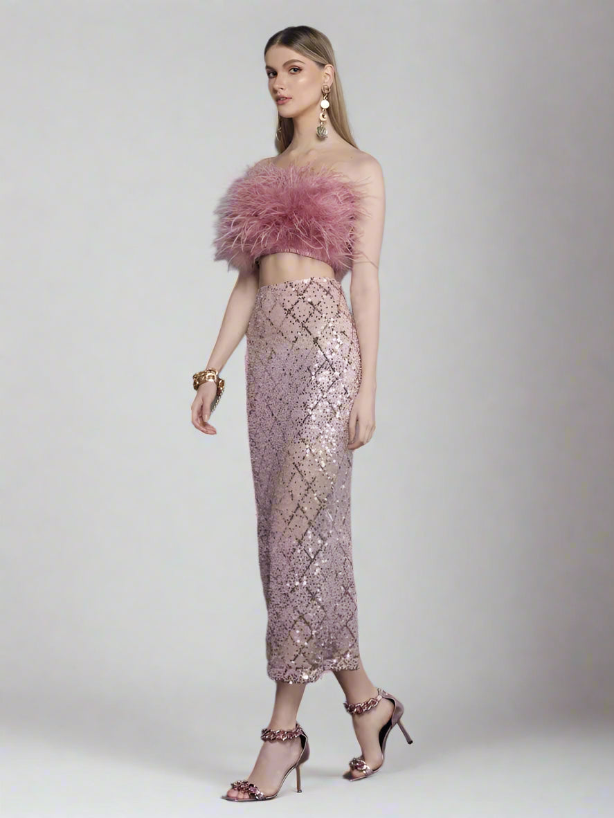 Pink Womens Sequin Feather Outfit Set