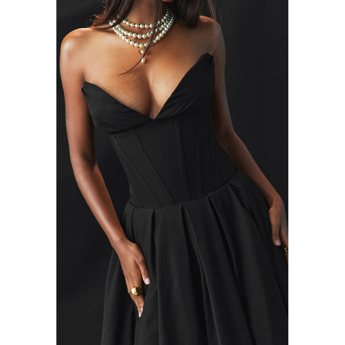 Black Strapless Corset Midi Dress