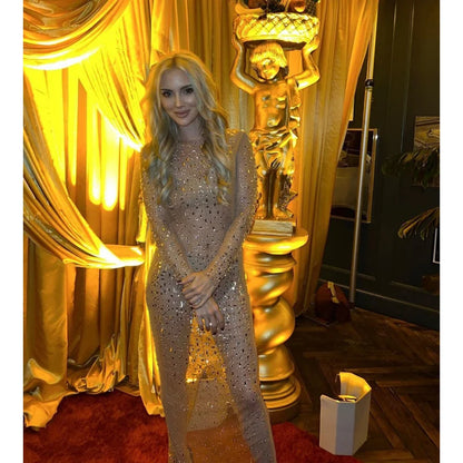 Mesh dress with rhinestones in glitter