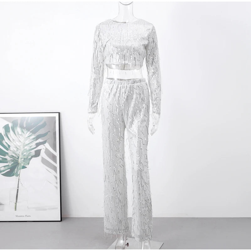 White Sequin Tassel Outfit