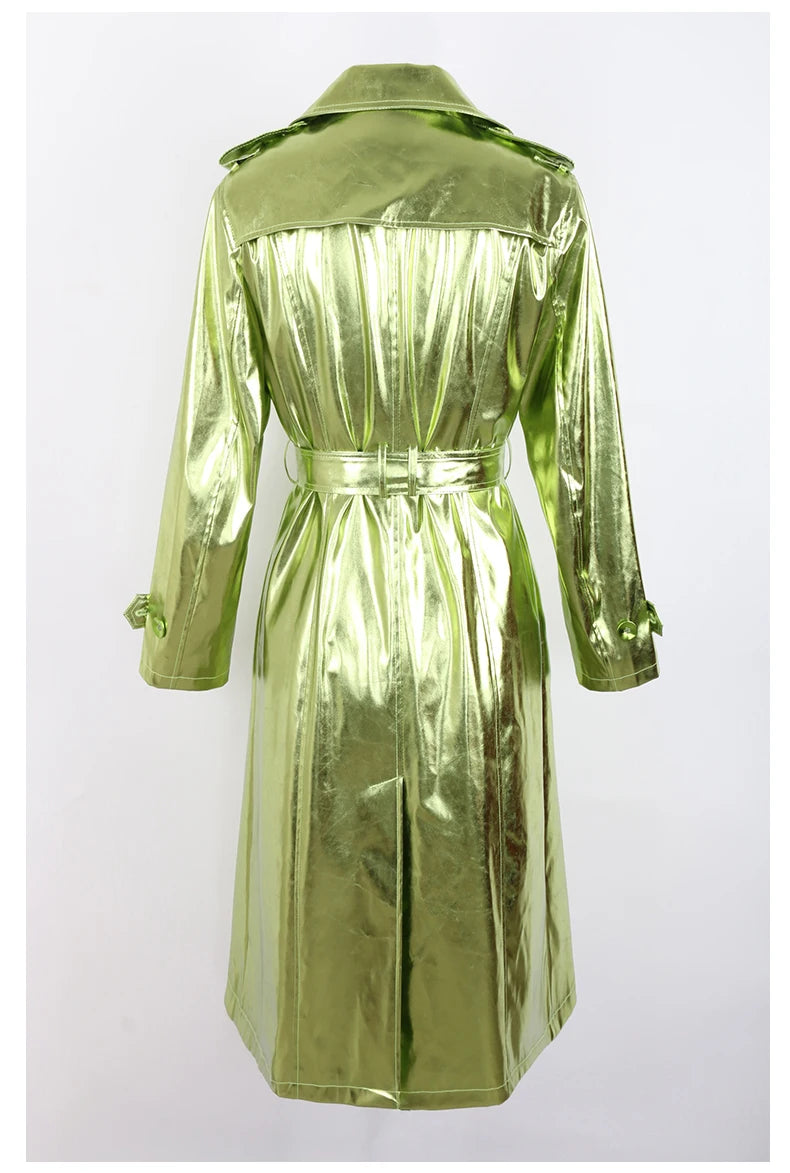 Metallic faux leather long trench coat
