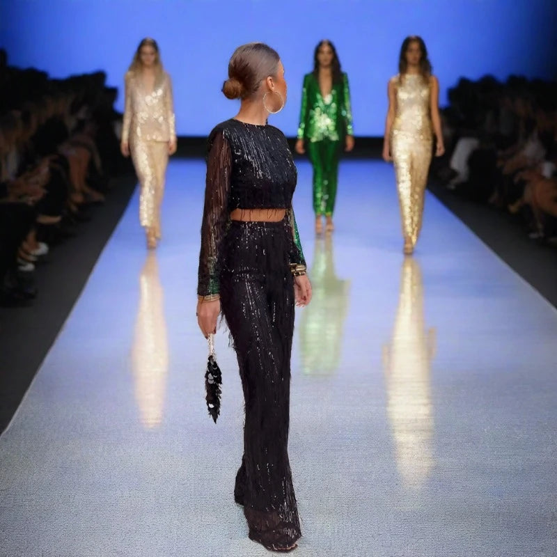 Black Sequin Tassel Outfit Set