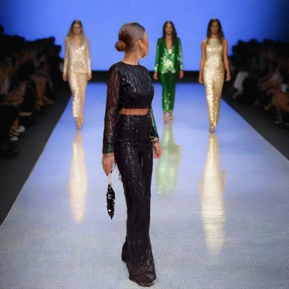 Black Sequin Tassel Outfit Set