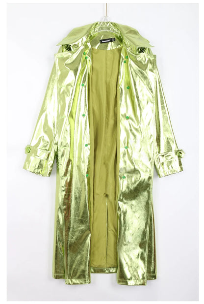 faux leather metallic long trench coat