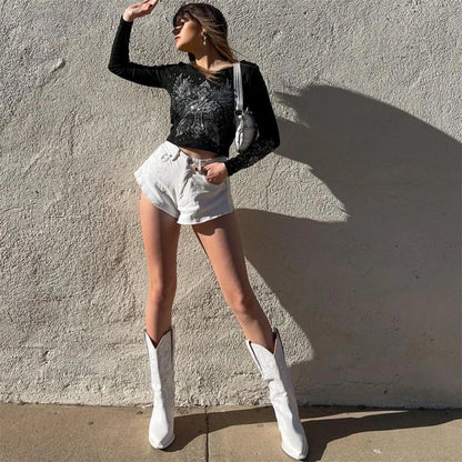 Mid Calf Western Style Cowgirl Boots in White