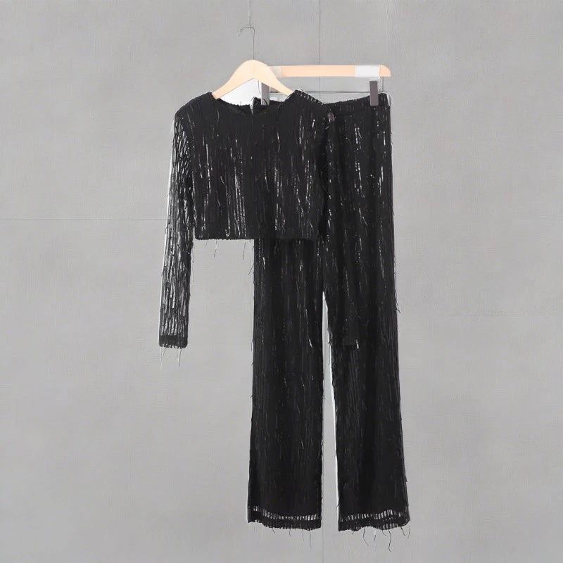 Tassel Sequin Suit in Black