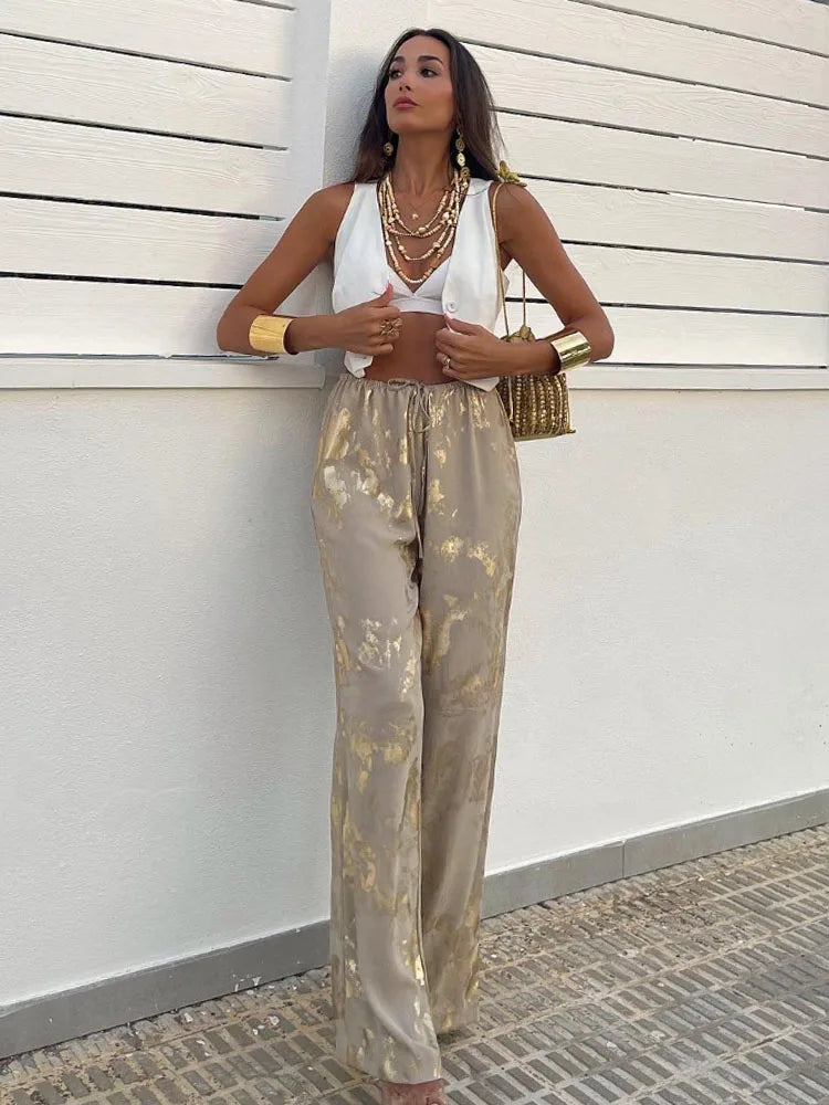 Drawstring Dreamofthe90s Metallic Pants in Gold image 3