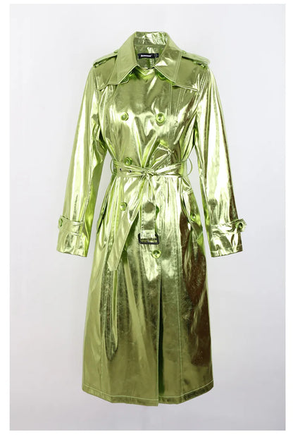 metallic green long trench coat