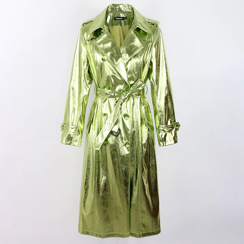 Long Green Metallic Trench Coat