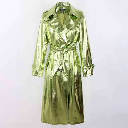 Long Green Metallic Trench Coat