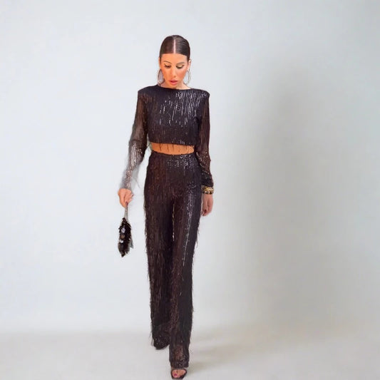 Black Sequin Tassel Suit set