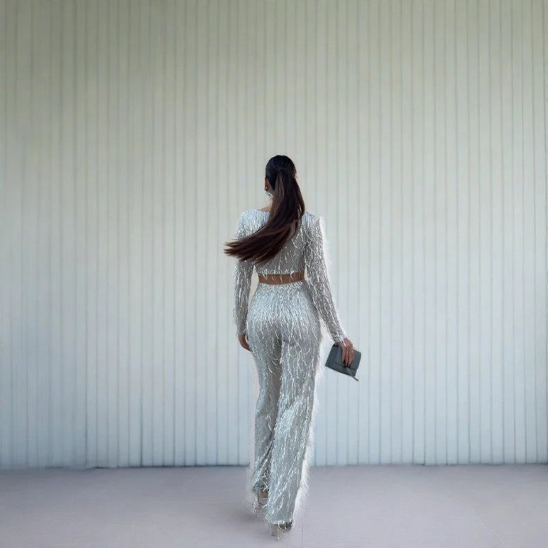 Silver tassel sequin pant set 