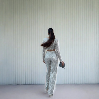 Silver tassel sequin pant set 