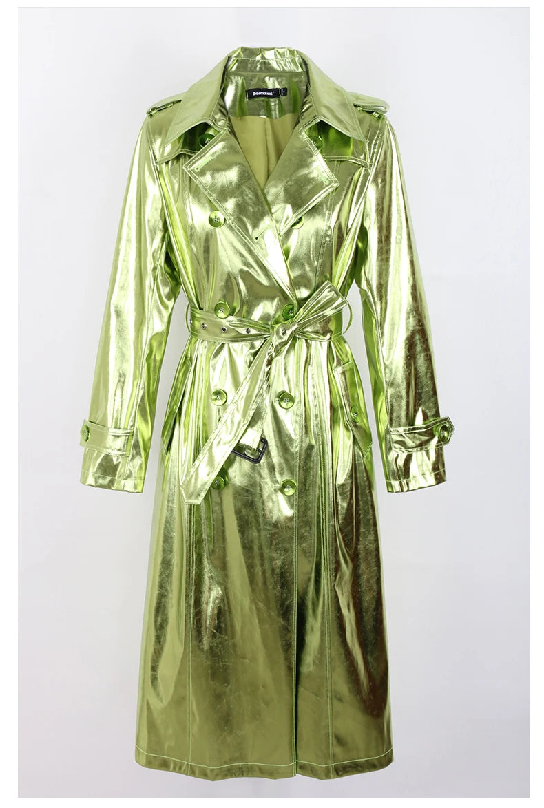 long metallic green trench coat
