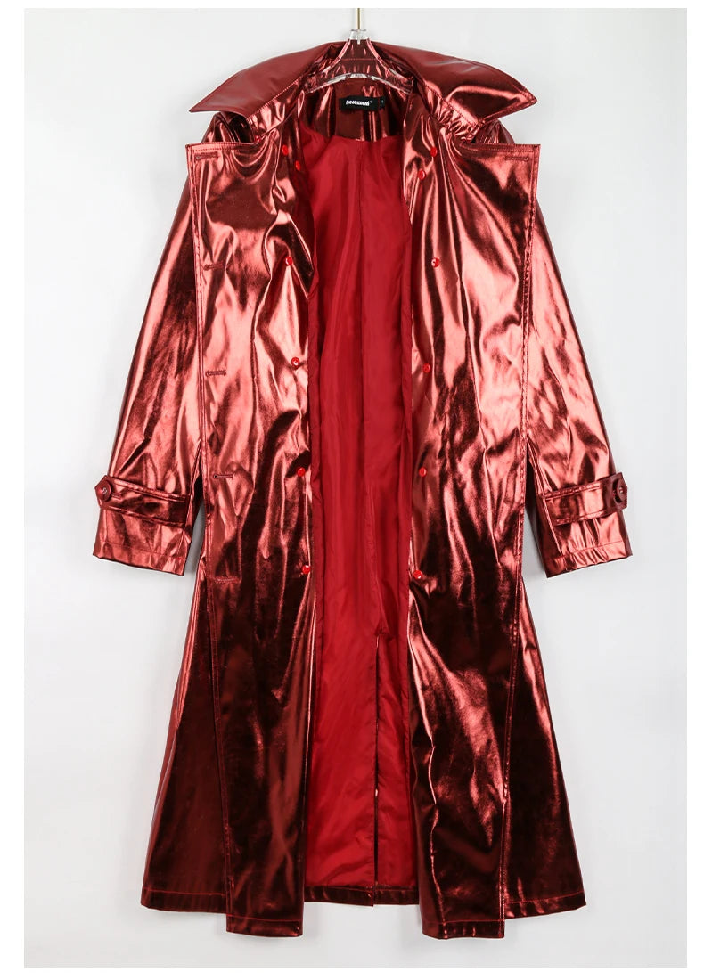 Faux Leather Metallic Brown Trench Coat