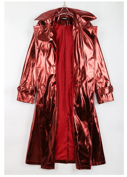 Faux Leather Metallic Brown Trench Coat