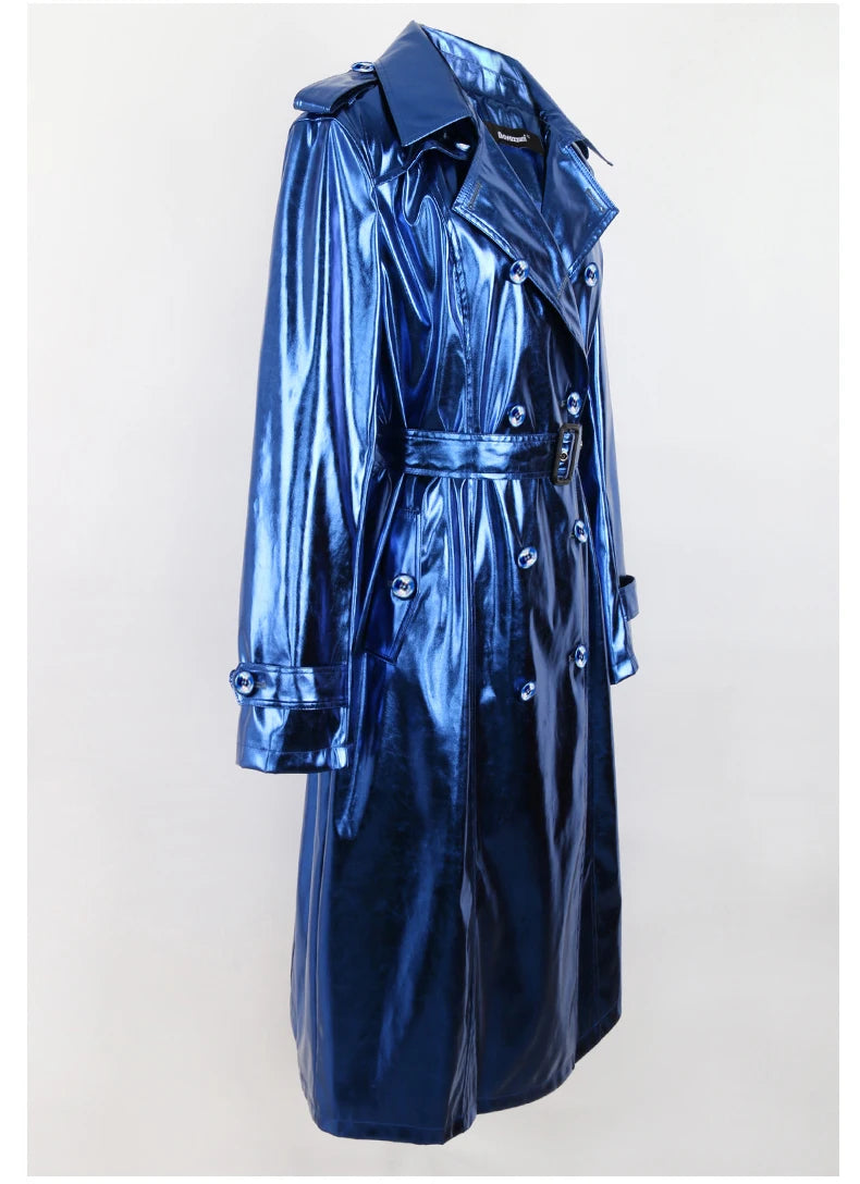 Dreamofthe90s Long Metallic Trench Coat in Blue