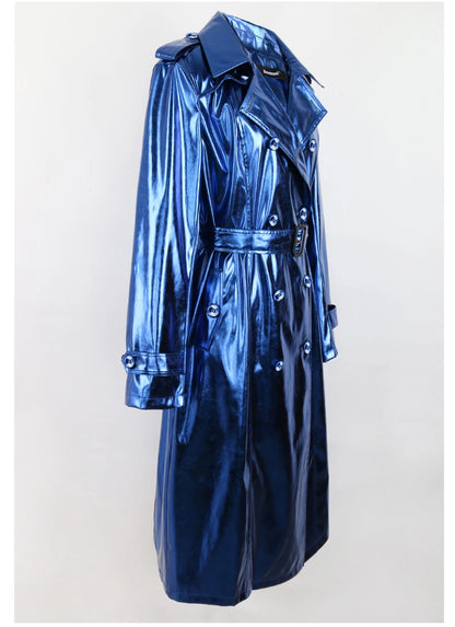 Dreamofthe90s Long Metallic Trench Coat in Blue