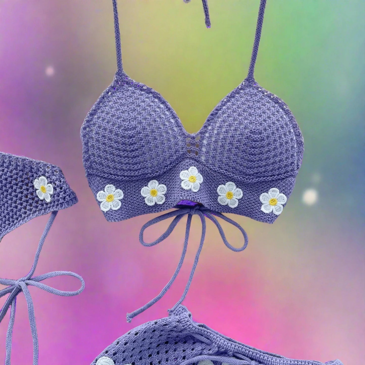 Knitted Purple Floral Halter Top