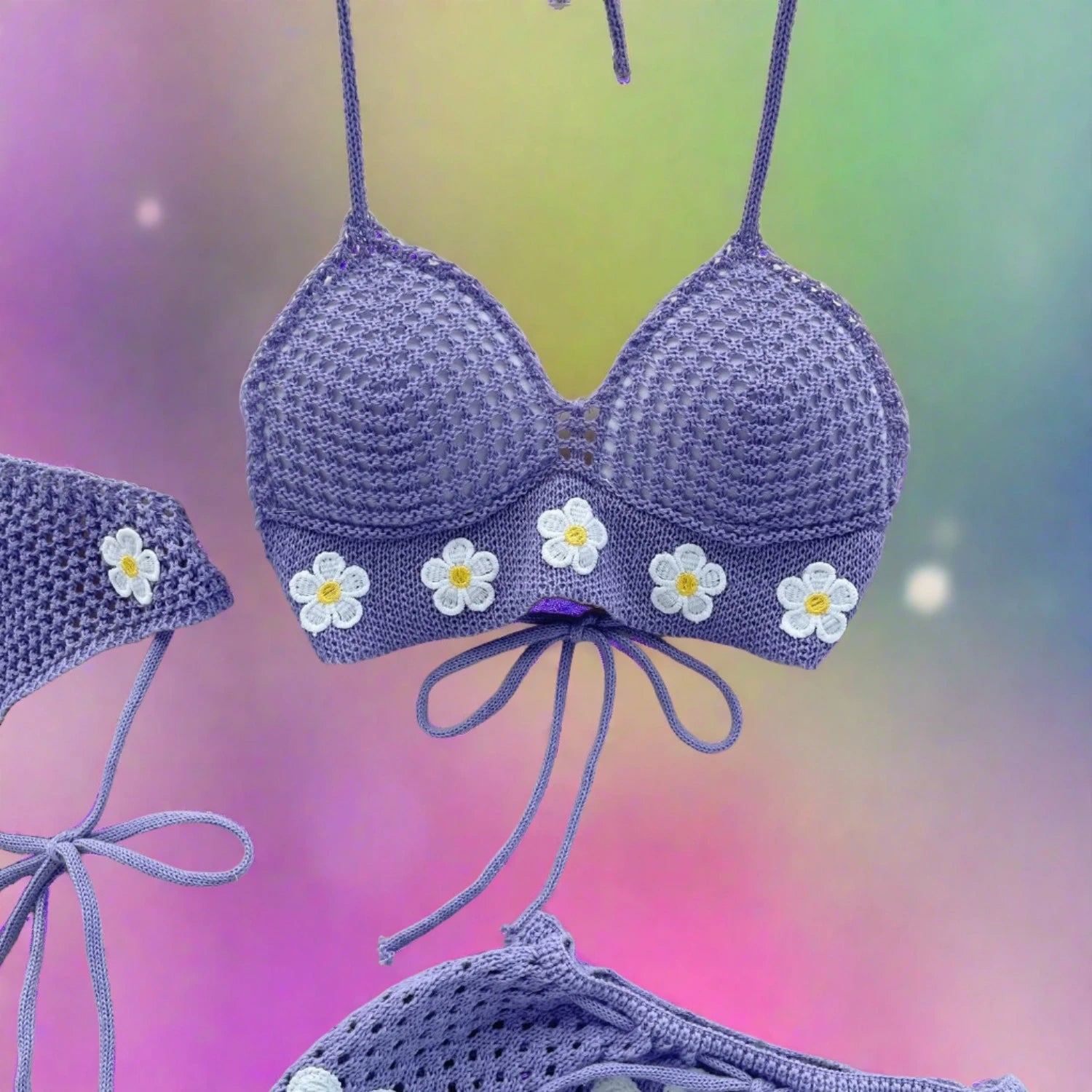 Knitted Purple Floral Halter Top