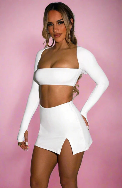 White Long Sleeve Crop Top Set